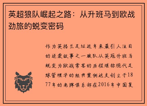 英超狼队崛起之路：从升班马到欧战劲旅的蜕变密码