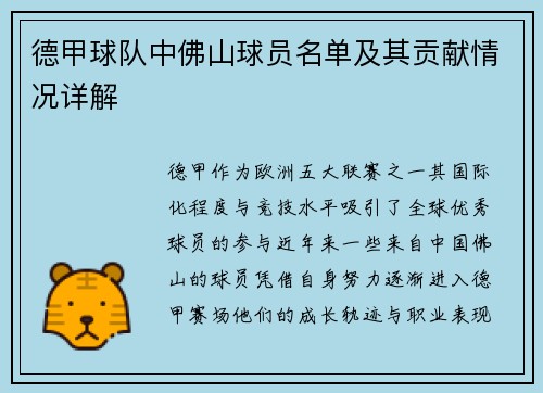 德甲球队中佛山球员名单及其贡献情况详解